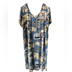 Vintage Reyn Spooner Travel Postcard Maxi Dress Medium